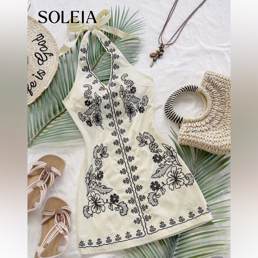 Soleia Halter Dress with Black Floral Embroidery